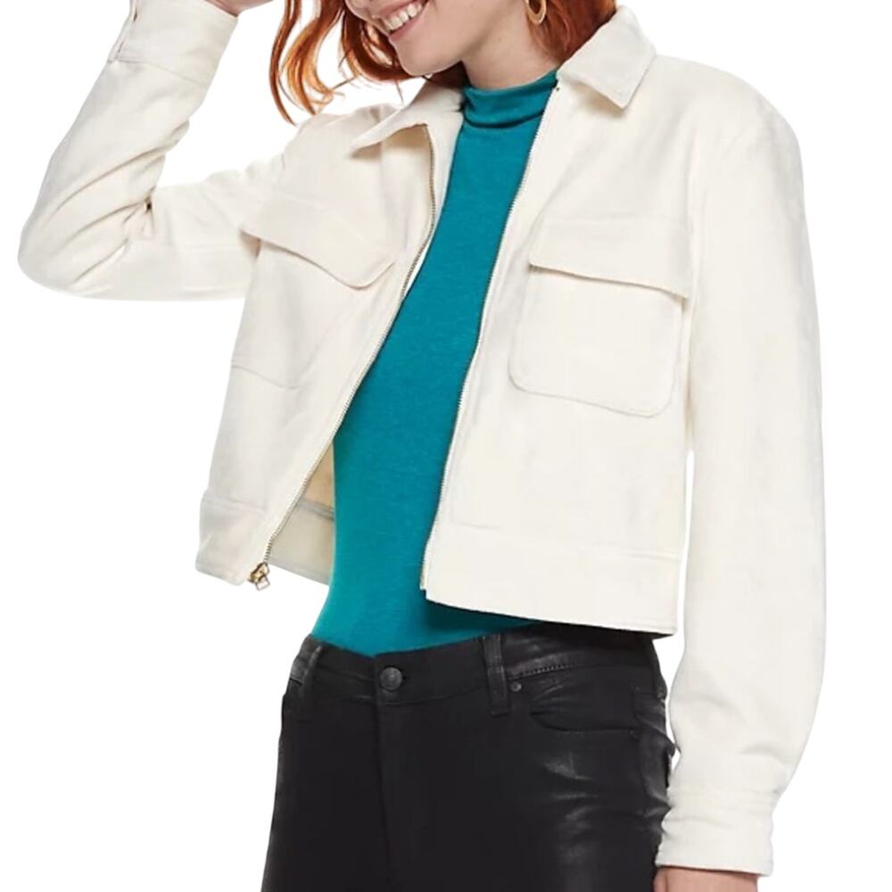 nwt Winter White Velvet Bomber Jacket size M Nine West Cropped Moto